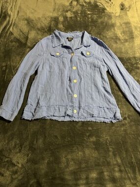 Pure Amici Blue 100% Cotton Button Up Shirt Raw Hem Womens Medium